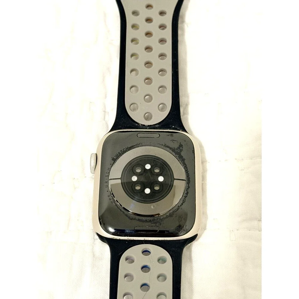 Apple Watch Series 7 45mm Silver Case with Black Rainbow Silicone Band